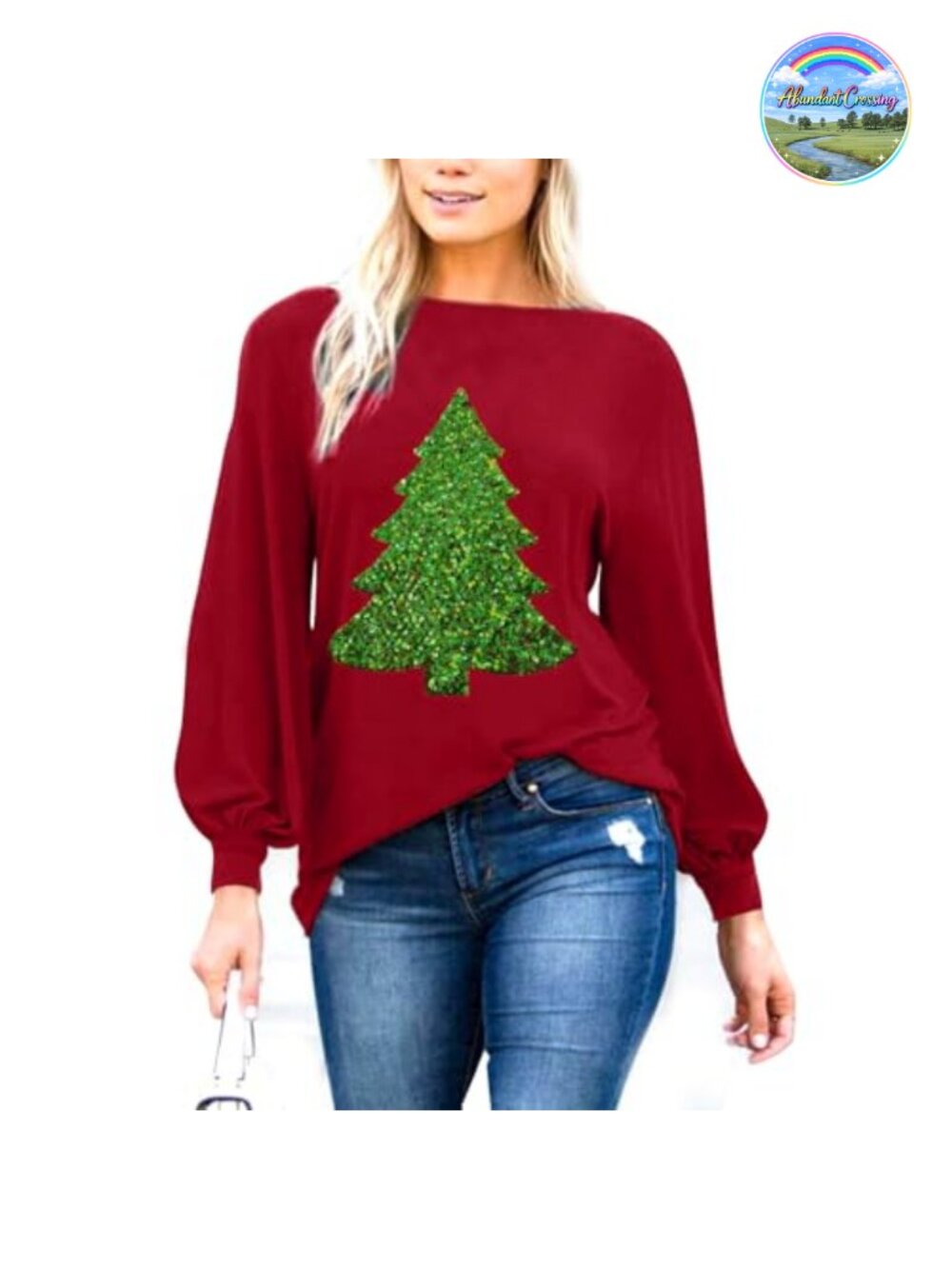 Womens Christmas Tunic Top Bishop Sleeve Boat Neck Long Sleeve Pullover
